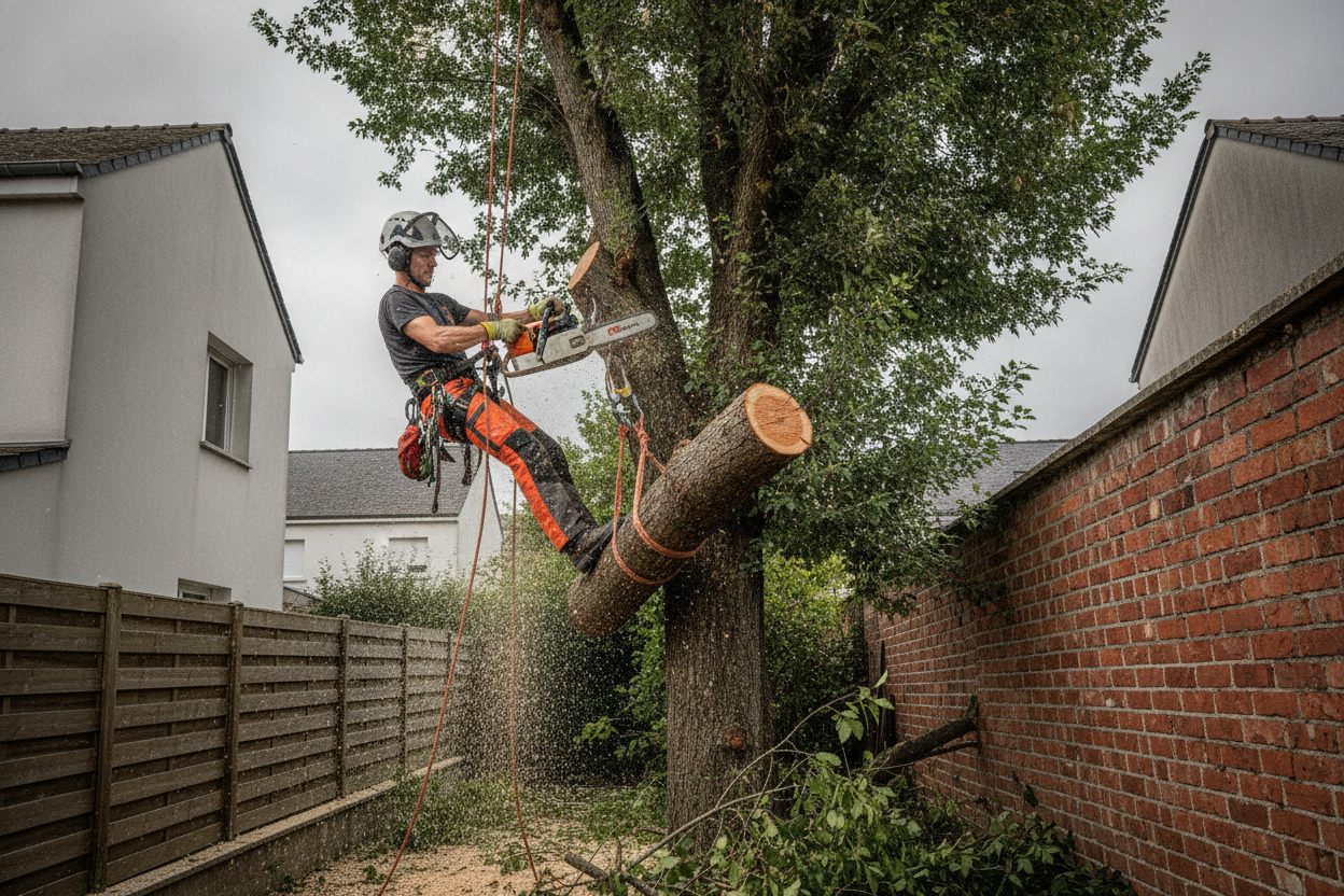 Abattage d'arbres et démontage délicat à Caen, intervention sécurisée sur bâti dense