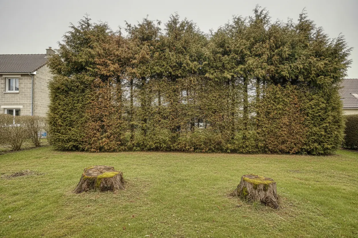 Haie de thuyas trop haute et deux souches dans un jardin du quartier Grâce de Dieu à Caen