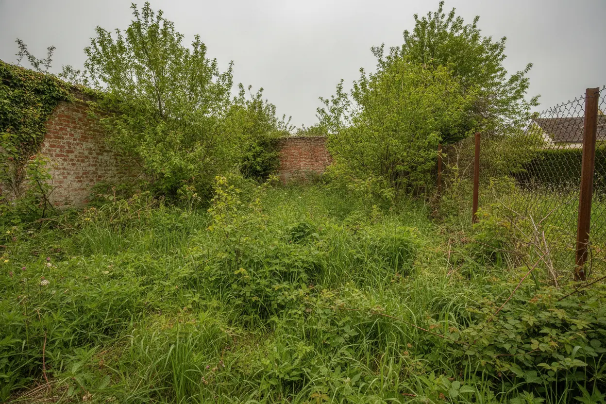 Terrain envahi par les ronces et broussailles dans un quartier périphérique de Caen avant débroussaillage