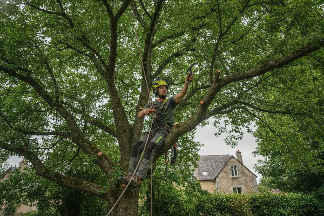 Élagueur grimpeur en action sur un grand arbre dans un jardin de Caen