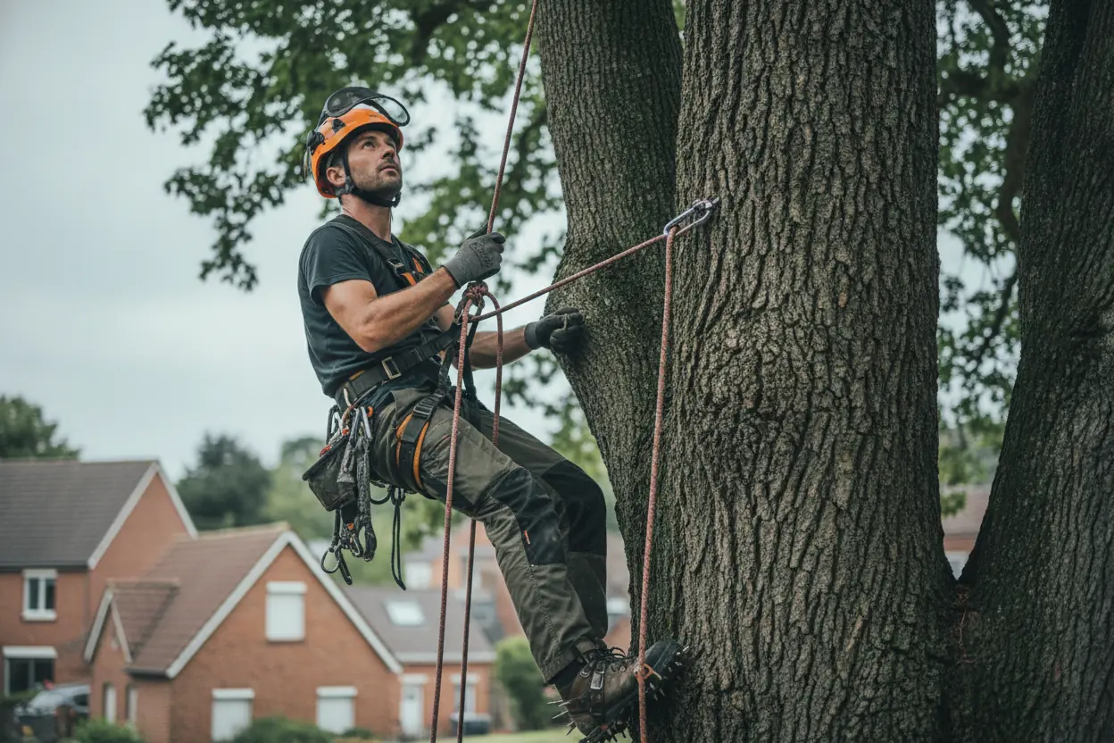 Élagueur grimpeur certifié CS sur cordes dans un grand arbre à Caen